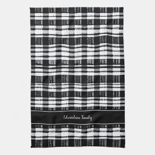 Zwart-witte buffel plaid monogram naam theedoek (Verticaal)
