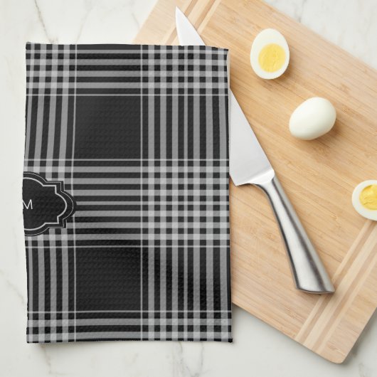 Zwart-witte buffel plaid monogrammed theedoek (Quarter Fold)