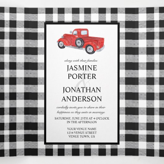 Zwart-witte buffels met een rode bruiloft drieluik uitnodiging (Binnenkant midden)