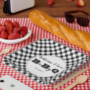 Zwart   Witte cheques Baby Q BBQ Shower Papieren Bordje