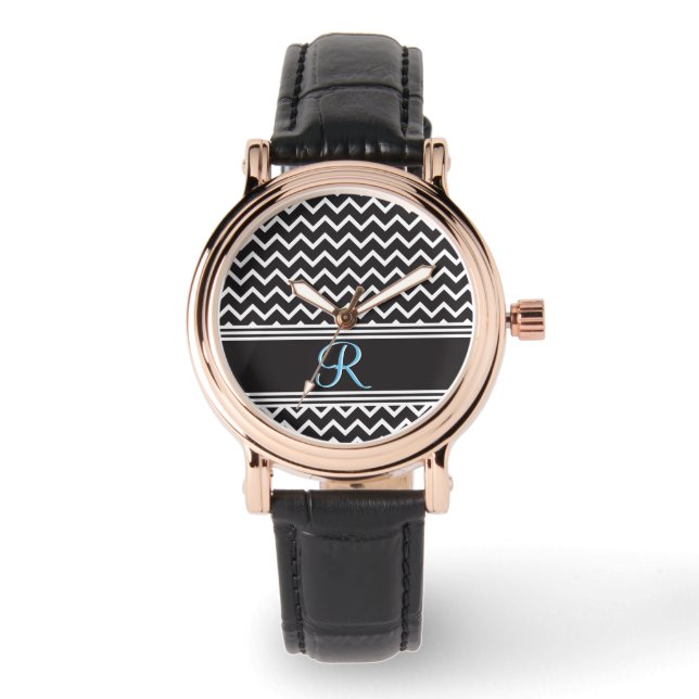 Zwart | Witte Chevron Gothic Zigzag Monogram Horloge (Voorkant)