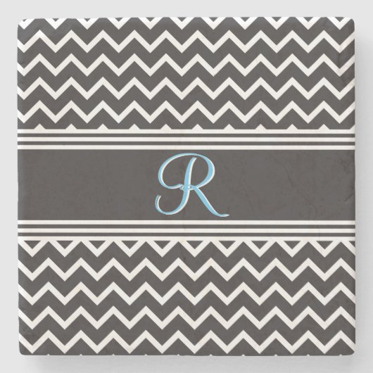 Zwart | Witte Chevron Gothic Zigzag Monogram Stenen Onderzetter (Voorkant)