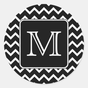 Zwart-witte Chevron met aangepast monogram. Ronde Sticker