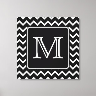 Zwart-witte Chevron met het Monogram van de Douane Canvas Afdruk