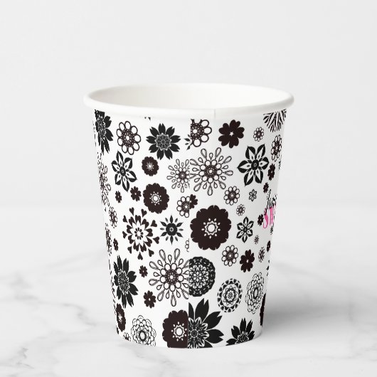 Zwart Witte Cute Bloemige Sweet 16 Gepersonaliseer Papieren Bekers (Rechts)