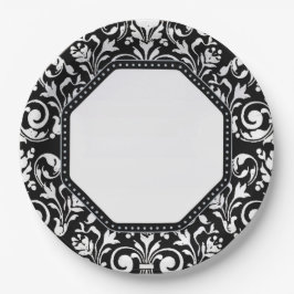 Zwart-witte Damask Papieren Bordje