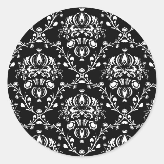 Zwart-witte Damask Ronde Sticker (Voorkant)