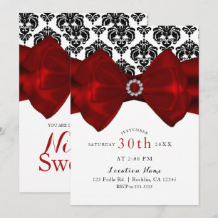 Zwart & Witte Damast Rode Strik Glam Sweet 16 Fees Kaart