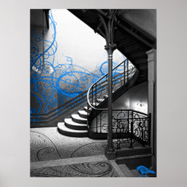 Zwart-witte Deco Stairwell met blauw Poster