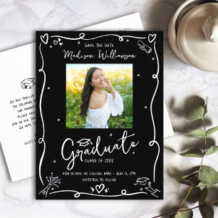 Zwart Witte Doodles Save the Date Afstudeerfoto Uitnodiging Briefkaart
