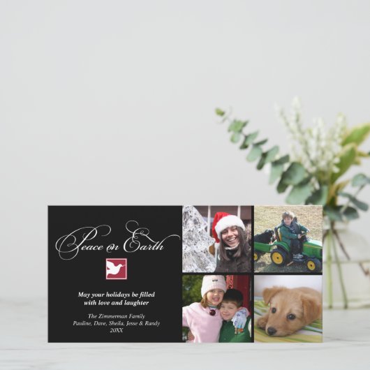 Zwart witte duif vrede op aarde kerstgroet feestdagenkaart (Staand voorkant)