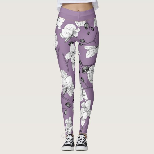 Zwart-witte elegant orchidee, modern lila leggings (Voorkant)