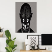 Zwart-witte, enge monsterkop | AI Art Poster (Thuiskantoor)