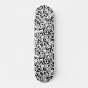 Zwart-witte engerige monsters in tekenstijl skateboard