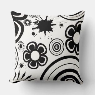 Zwart & Witte Fantasievolle Bloemen, Cirkels, Spat Kussen