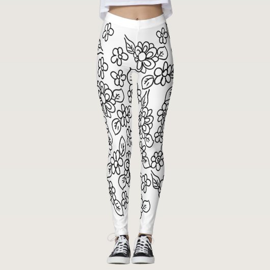 Zwart-witte floraal leggings (Voorkant)