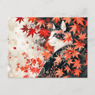Zwart-witte geisha-kat onder rode esdoornbladeren  briefkaart