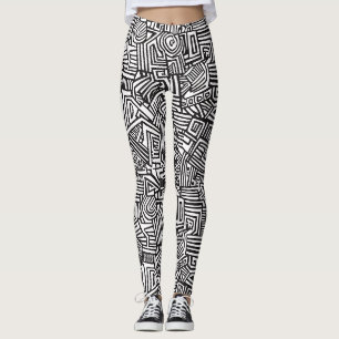 Zwart Witte Geometrische Doolhof Abstracte Lijn Leggings