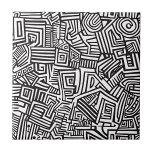 Zwart Witte Geometrische Doolhof Abstracte Lijn Tegeltje