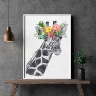 Zwart-witte giraffe in bloemenkroon dier poster