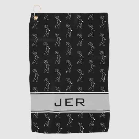 Zwart-witte Golfer Male Silhouette Monogramed Golfhanddoek (Voorkant)
