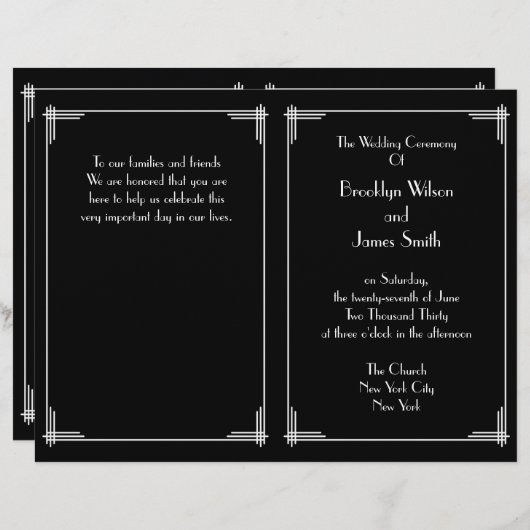 Zwart Witte Great Gatsby Art Deco Huwelijksprogram (Voorkant / Achterkant)