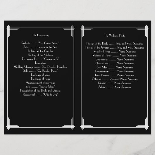 Zwart Witte Great Gatsby Art Deco Huwelijksprogram (Achterkant)