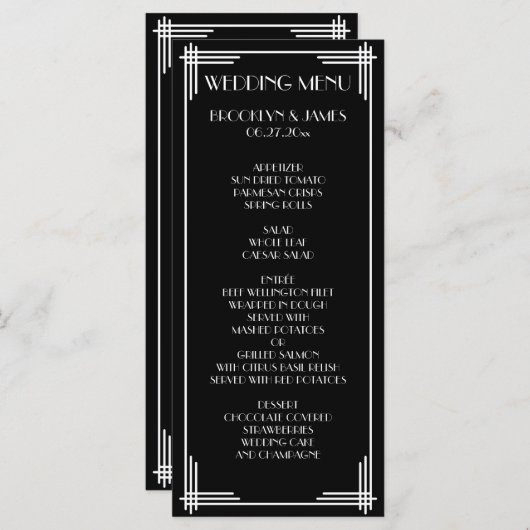 Zwart Witte Great Gatsby Art Deco Trouwmenu Menu (Voorkant / Achterkant)