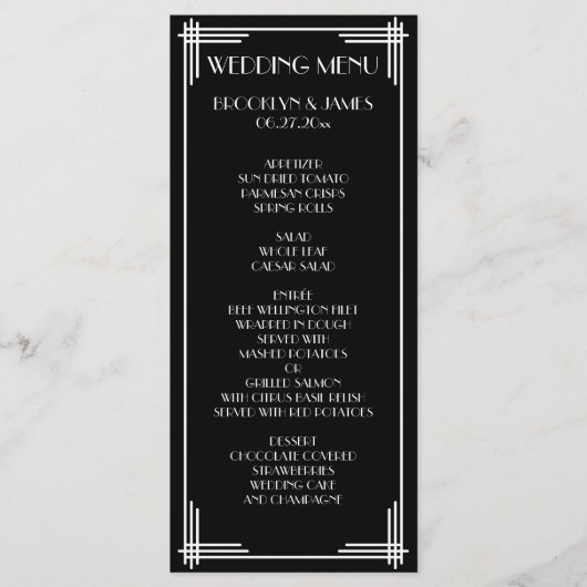 Zwart Witte Great Gatsby Art Deco Trouwmenu Menu (Voorkant)