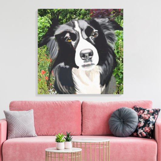 Zwart-witte grenscollie tegen Bloemen Canvas Afdruk (Insitu (Woonkamer))