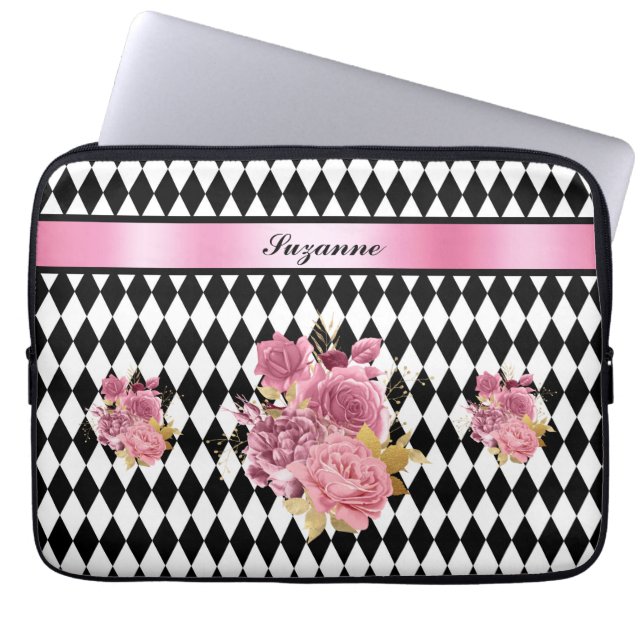 Zwart-witte Harlequin met roze ventilator en naam Laptop Sleeve (Voorkant)