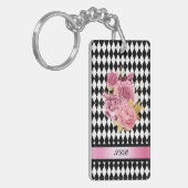 Zwart-witte Harlequin met roze ventilator en naam Sleutelhanger (Voorkant Links)