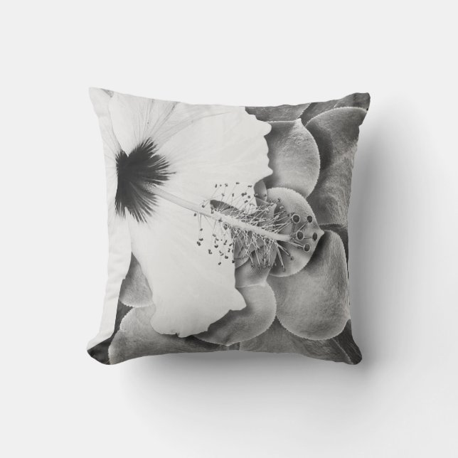 Zwart-Witte Hibiscus Strooi Kussen  (Voorkant)
