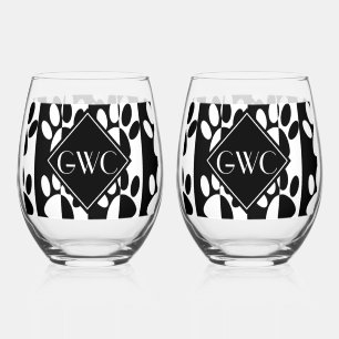 Zwart-witte hond poten en strepen monogram wijnglas zonder voet