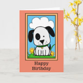 Zwart-Witte Hond Verjaardag Kaart (Gele Bloem)