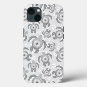 Zwart-witte Honu-zeeschildpadden Hibiscusbloemen iPhone 13 Hoesje