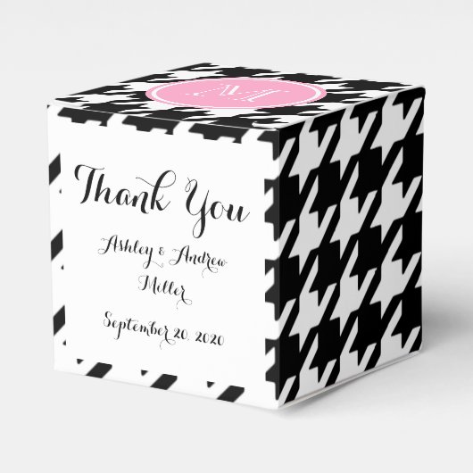 Zwart-witte houndstooth roze monogram bedankdoosjes (Voorkant Zijde)