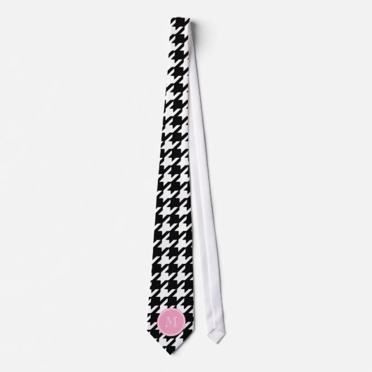 Zwart-witte houndstooth roze monogram stropdas (Voorkant)
