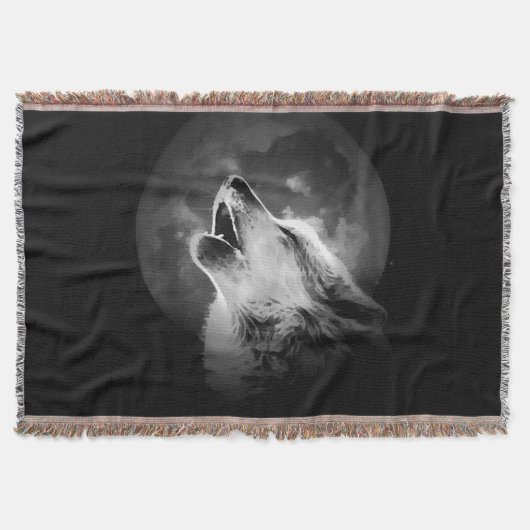 Zwart-witte howling Wolf & Moon Deken (Voorkant)
