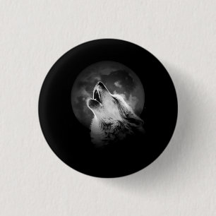 Zwart-witte howling Wolf & Moon Ronde Button 3,2 Cm