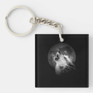 Zwart-witte howling Wolf & Moon Sleutelhanger