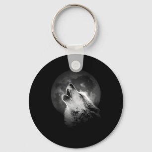 Zwart-witte howling Wolf & Moon Sleutelhanger