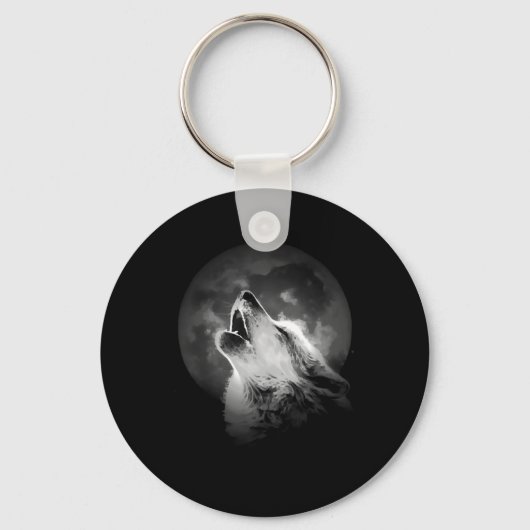 Zwart-witte howling Wolf & Moon Sleutelhanger (Voorkant)