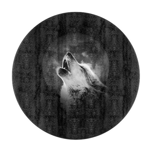 Zwart-witte howling Wolf & Moon Snijplank (Voorkant)