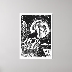 Zwart & Witte Huilende Husky 's Nachts Linocut Canvas Afdruk