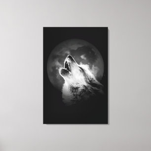 Zwart & Witte Huilende Wolf & Maan Canvas Afdruk