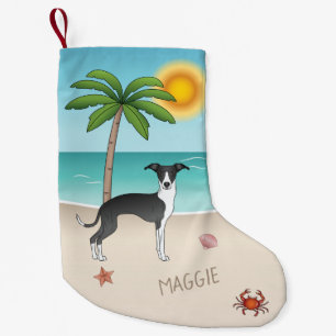 Zwart-Witte Iggy-hond op Tropisch Zomerstrand Kleine Kerstsok