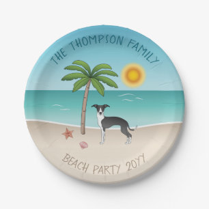 Zwart-Witte Iggy-hond op Tropisch Zomerstrand Papieren Bordje