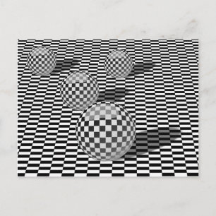 Zwart-witte illustratie met ballen op een schaak briefkaart