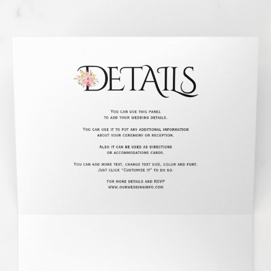 Zwart witte initialen, ampersand roze rozen bruilo drieluik uitnodiging (Binnenzijde eerst)